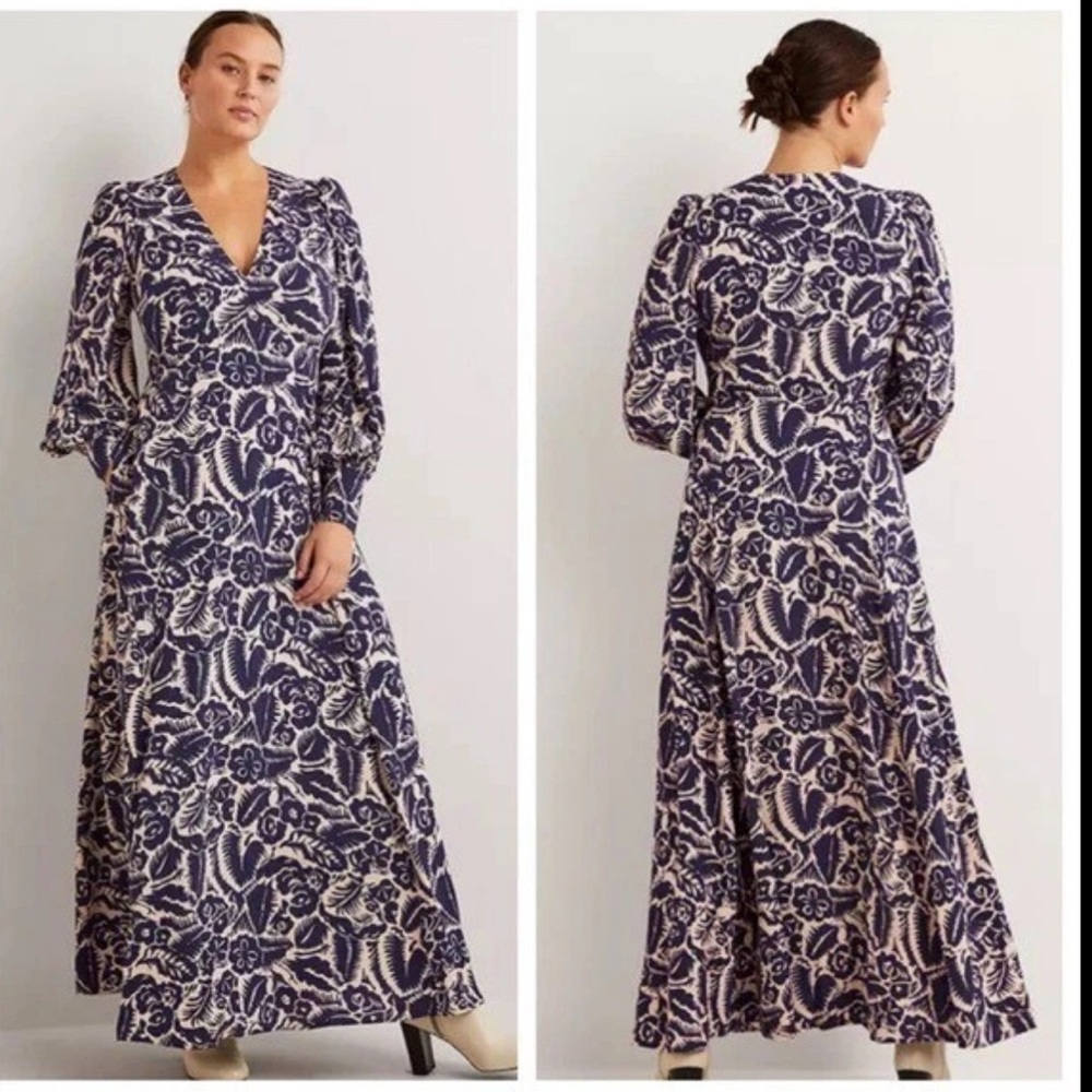 Boden Navy and Cream Floral V-Neck Maxi Dress